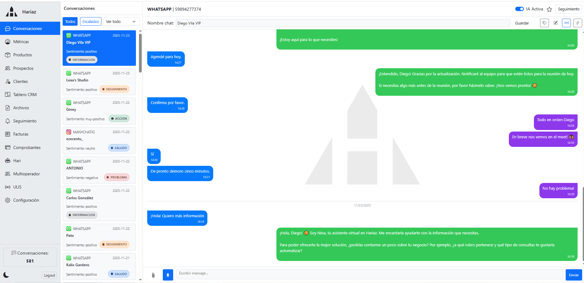 Panel operativo de Hariaz con conversaciones, métricas, seguimiento y registro